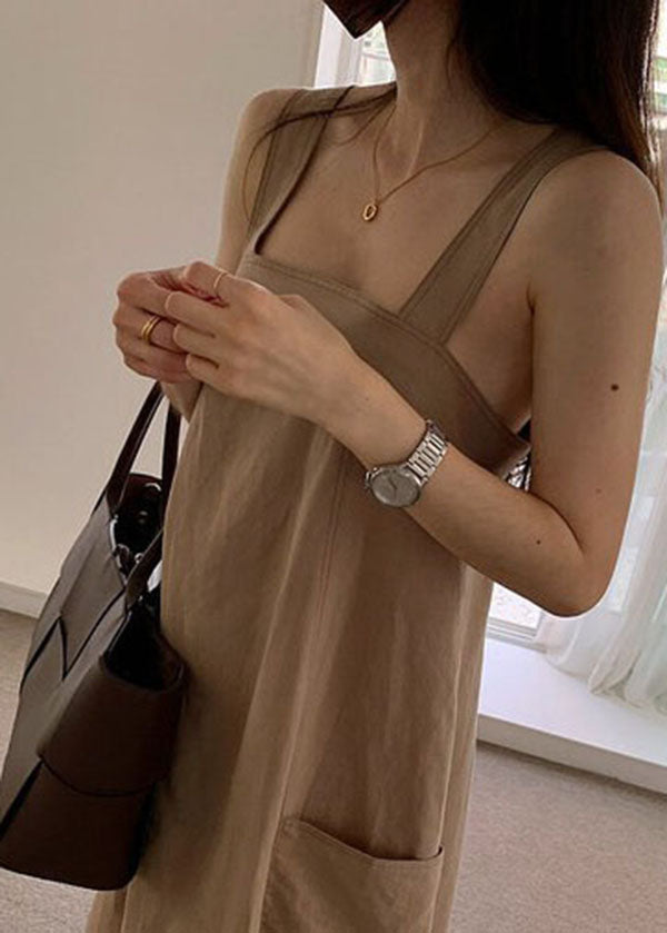 Khaki Pockets Linen Dresses Sleeveless