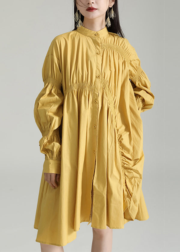 Yellow Asymmetrical Patchwork Cotton Shirts Dress Fall