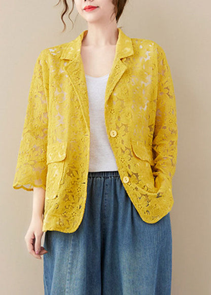 Yellow Button Peter Pan Collar Lace Coat Long Sleeve