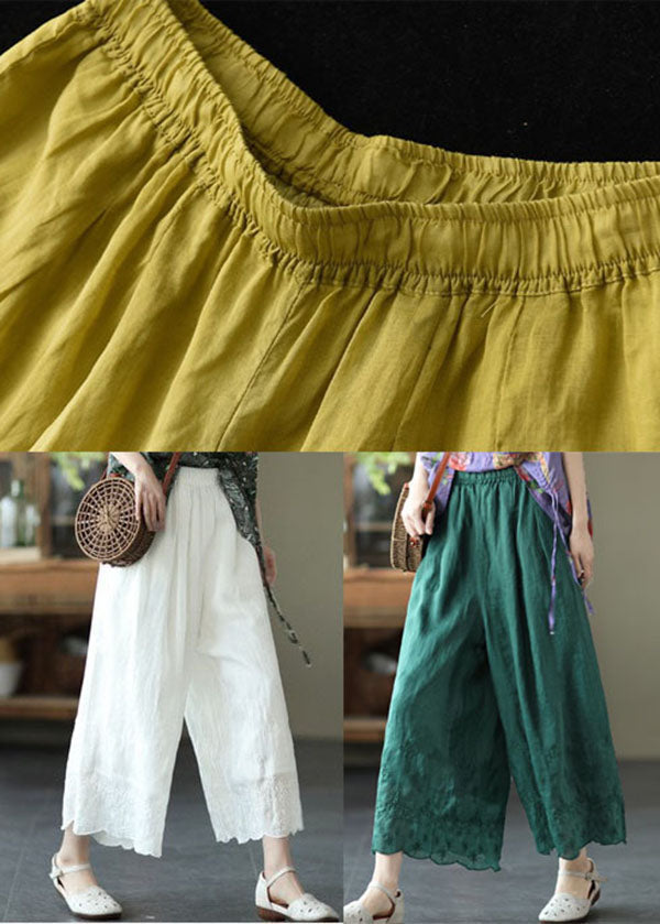 Yellow Elastic Waist Embroideried Linen Crop Pants Summer