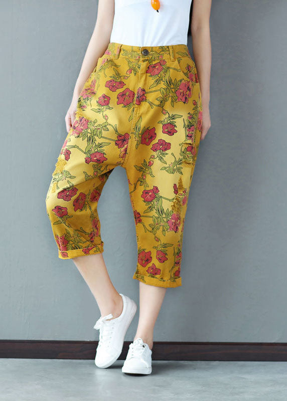 Yellow Elastic Waist Print Cotton Harem Pants Spring