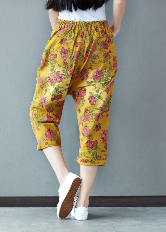 Yellow Elastic Waist Print Cotton Harem Pants Spring
