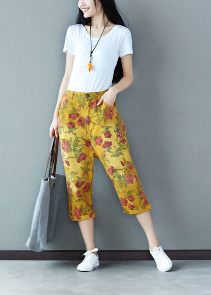Yellow Elastic Waist Print Cotton Harem Pants Spring