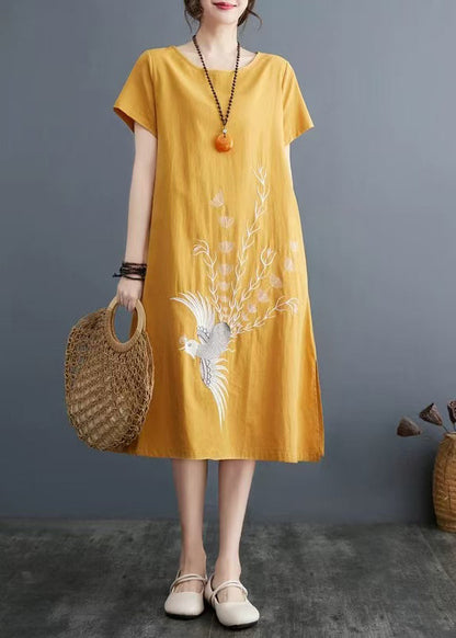 Yellow Embroidered Linen a Line Dress Summer