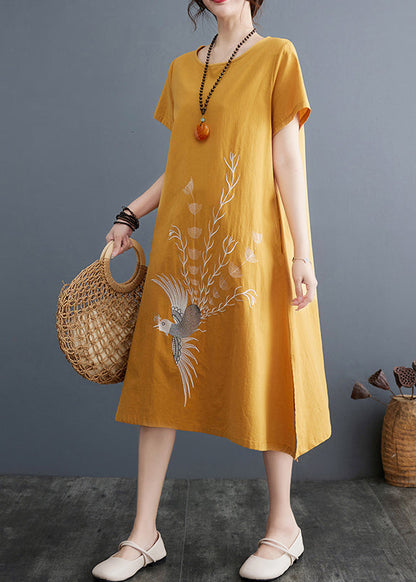 Yellow Embroidered Linen a Line Dress Summer