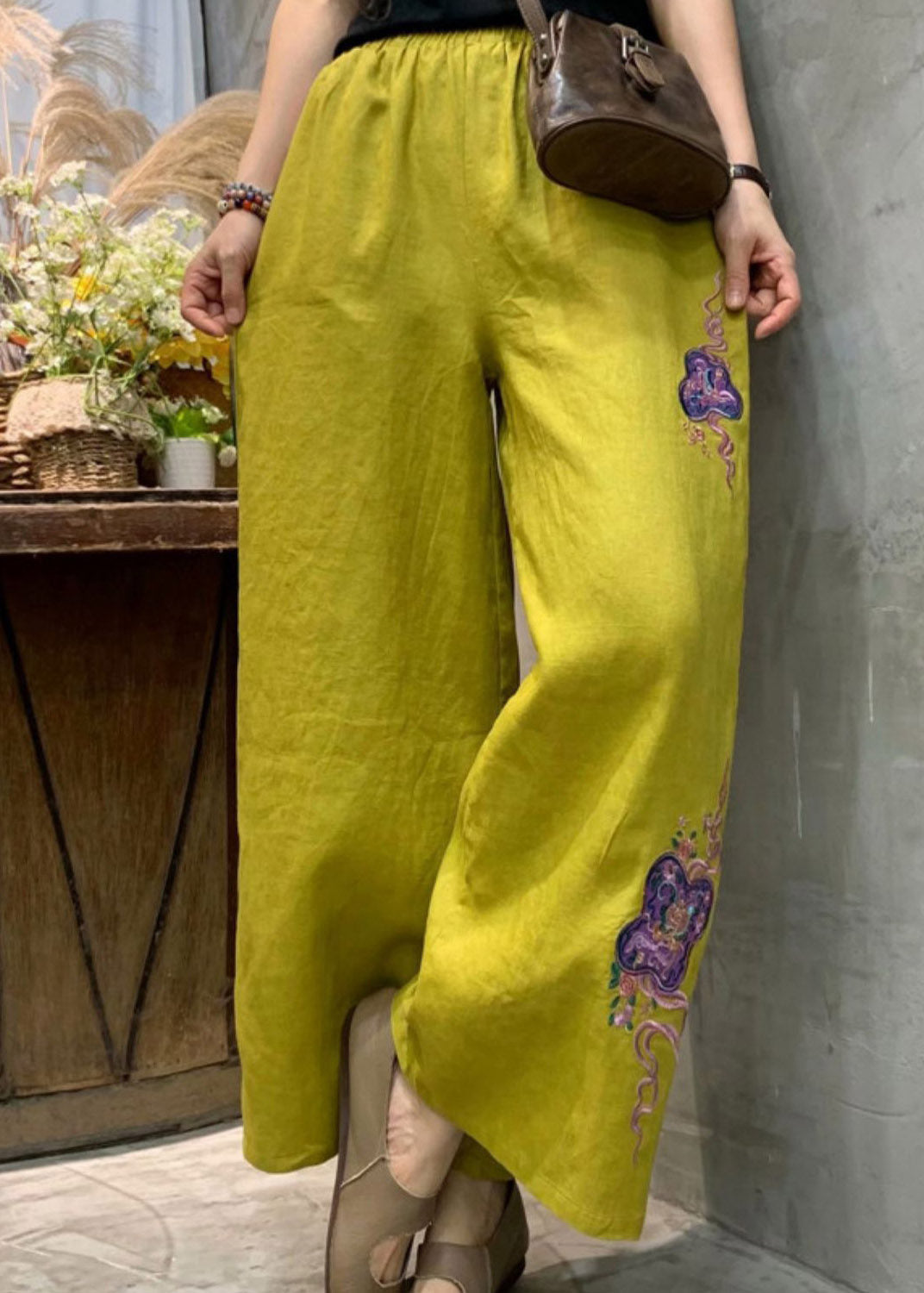 Yellow Embroideried Linen Wide Leg Pants Summer