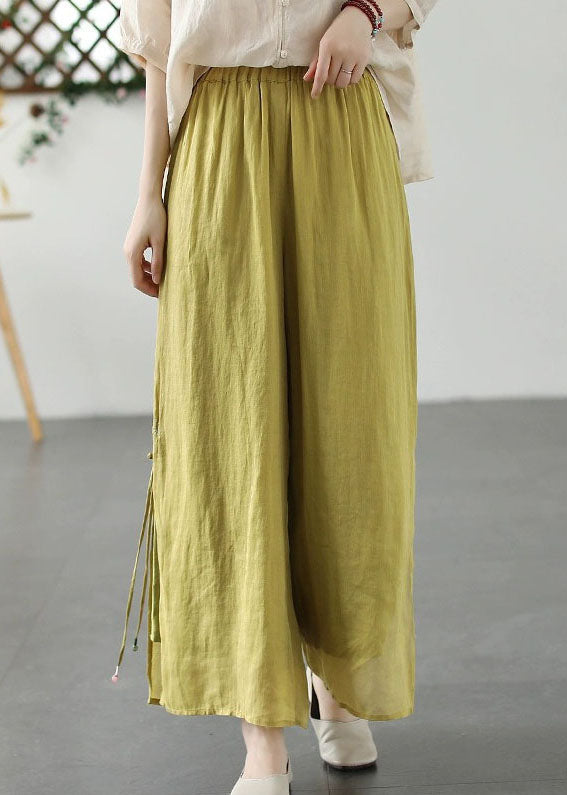 Yellow Embroideried Patchwork Linen Wide Leg Pants Summer