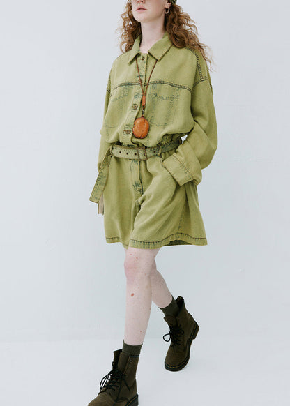 Yellow Green Peter Pan Collar Denim Jumpsuit Long Sleeve