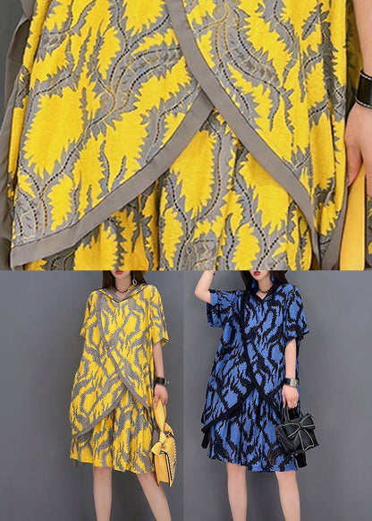 Yellow Hooded Patchwork Print Tops and Shorts Two Pieces Set Summer