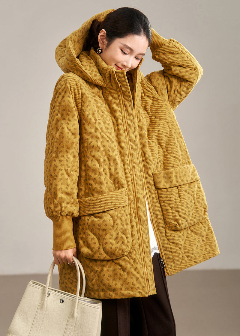 Yellow Hooded Pockets Fine Cotton Filled Coat Winter