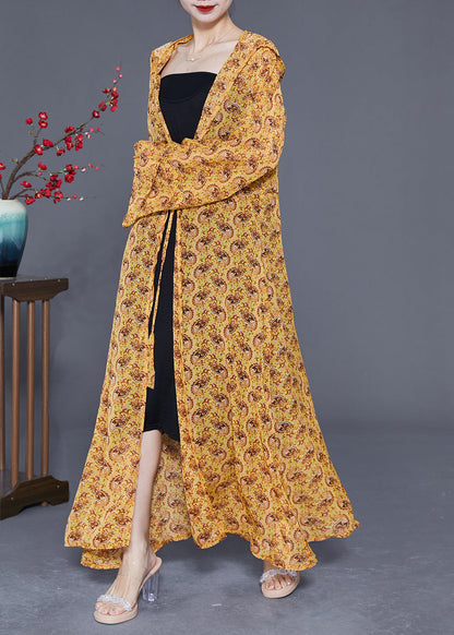 Yellow Hooded Print Chiffon Long Cardigan Summer