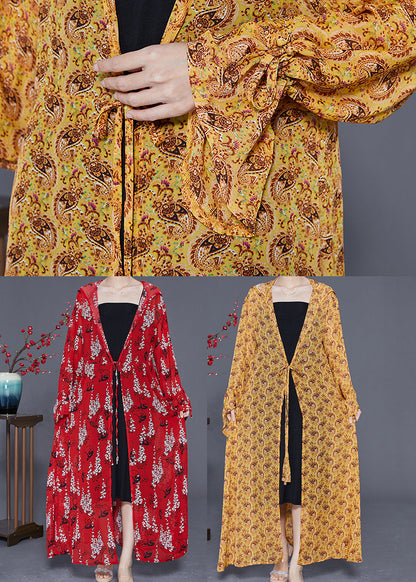 Yellow Hooded Print Chiffon Long Cardigan Summer