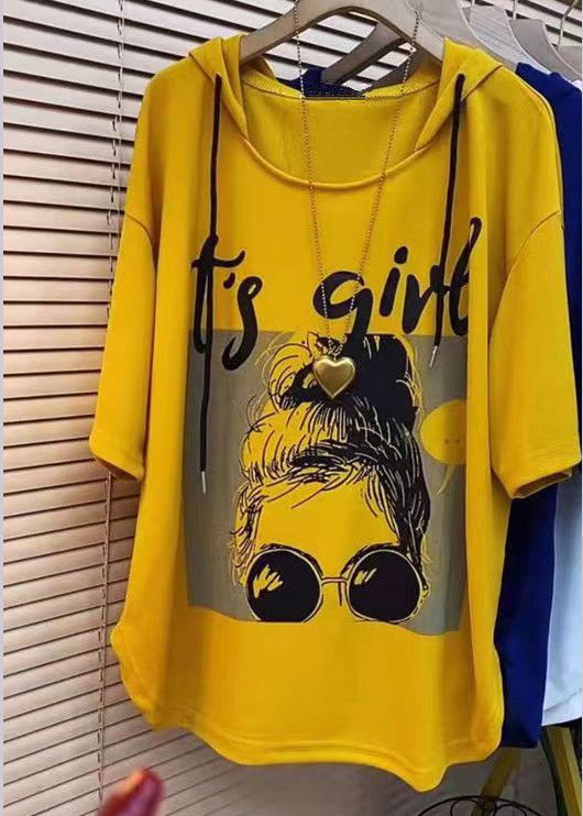 Yellow Hooded Print Patchwork Cotton Sweatshirt Summer