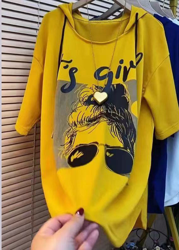 Yellow Hooded Print Patchwork Cotton Sweatshirt Summer