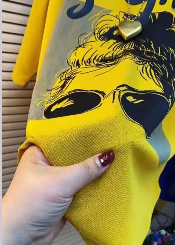 Yellow Hooded Print Patchwork Cotton Sweatshirt Summer