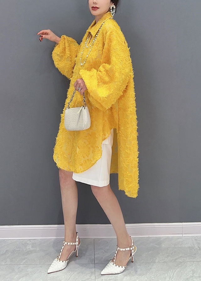 Yellow Jacquard Side Open Tulle Long Blouse Spring
