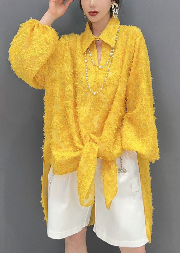 Yellow Jacquard Side Open Tulle Long Blouse Spring