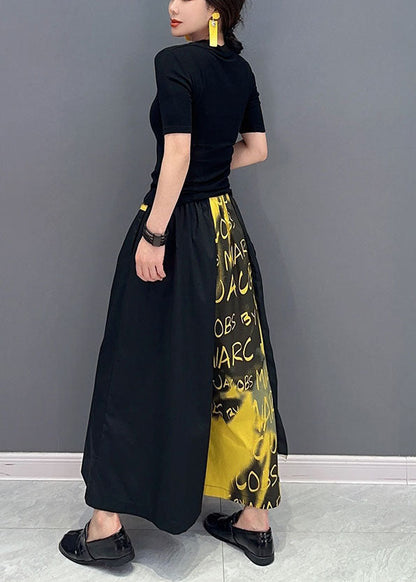 Yellow Letter Print Pockets Cotton Wide Leg Pants Spring