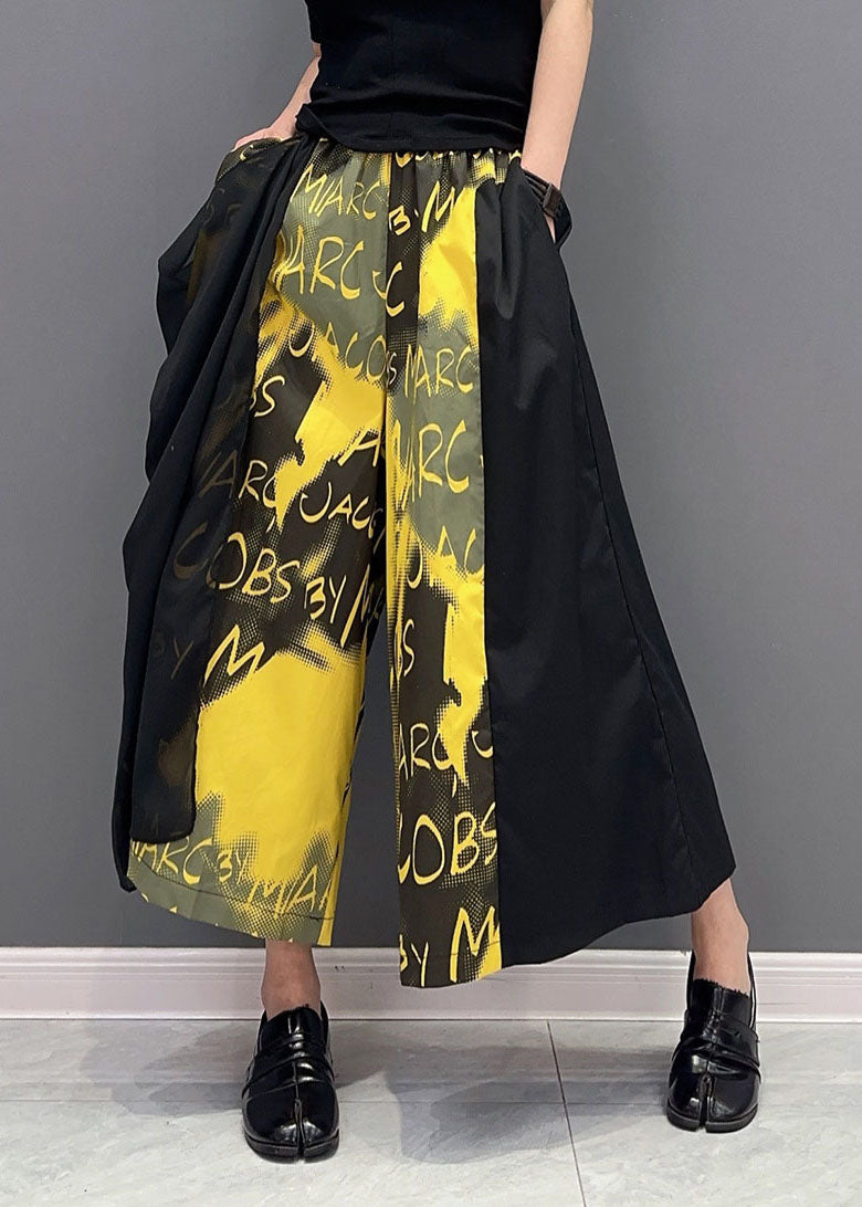 Yellow Letter Print Pockets Cotton Wide Leg Pants Spring