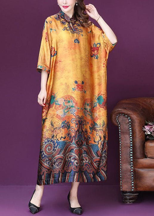 Yellow Mandarin Collar Print Silk Dresses Batwing Sleeve