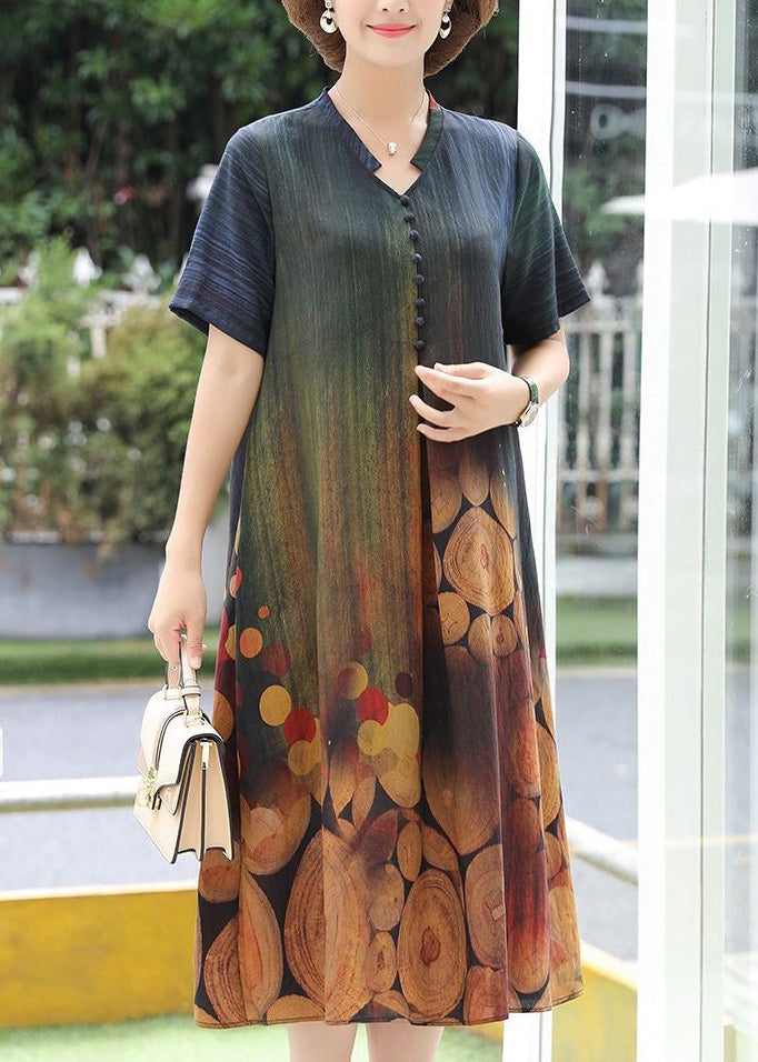 Yellow O-neck Button Silk Maxi Dress Short Sleeve