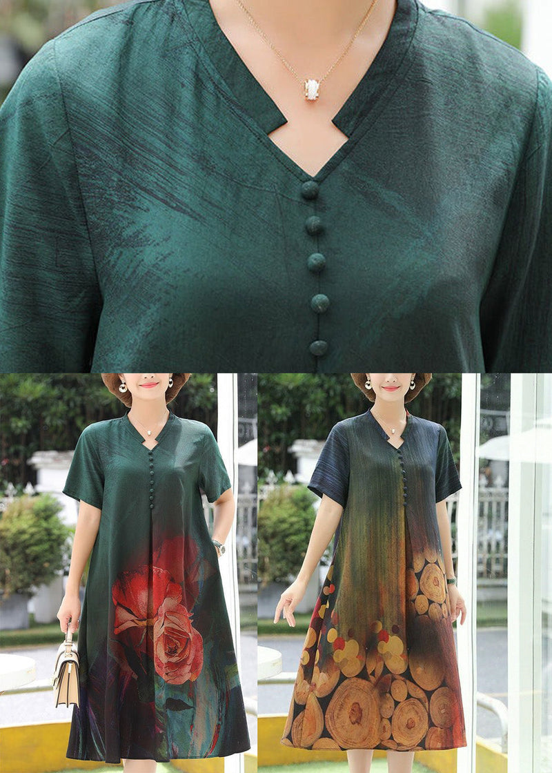 Yellow O-neck Button Silk Maxi Dress Short Sleeve