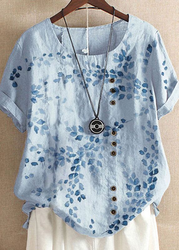 Yellow O-neck Embroideried Linen Tops Short Sleeve