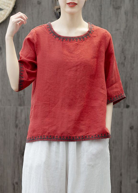Yellow O Neck Embroidered Patchwork Cotton T Shirts Summer