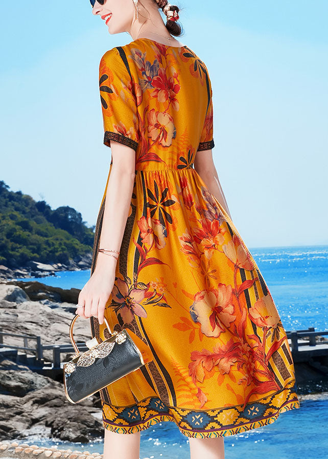Yellow O-neck Lace Patchwork Wrinkled Silk a Line Dresses Short Sleeve