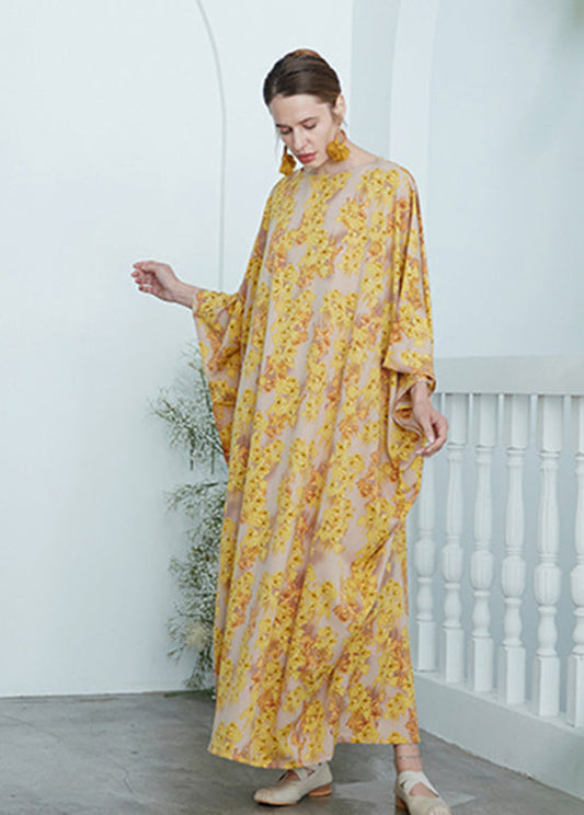 Yellow O Neck Print Chiffon Robe Dresses Summer