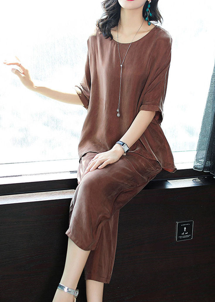 Yellow O-neck Tops and Pants Silk Two Pieces Set Summer
