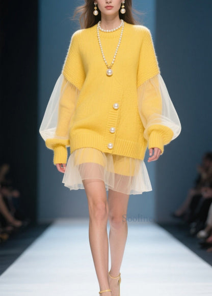 Yellow O Neck Tulle Patchwork Knit Dress Fall