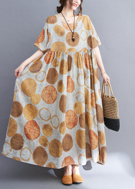 Yellow O-neck Wrinkled Dot Print Linen Long Dress Short Sleeve