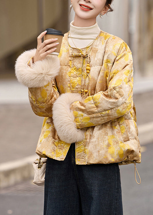 Yellow Oriental Button Fur Patchwork Duck Down Jacket Winter