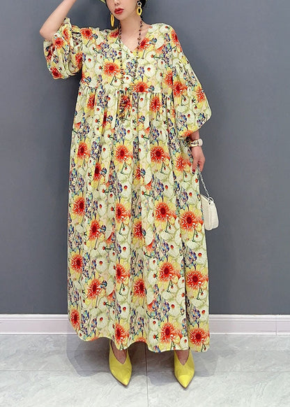 Yellow Oversized Print Cotton Robe Dresses Lantern Sleeve