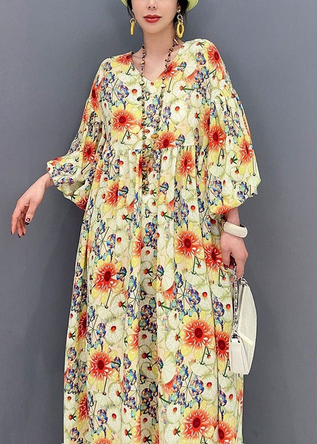 Yellow Oversized Print Cotton Robe Dresses Lantern Sleeve
