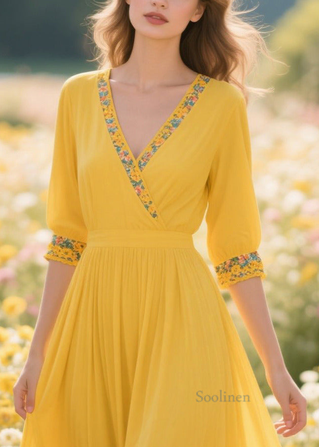 Yellow Patchwork Print Chiffon Holiday Dress Summer