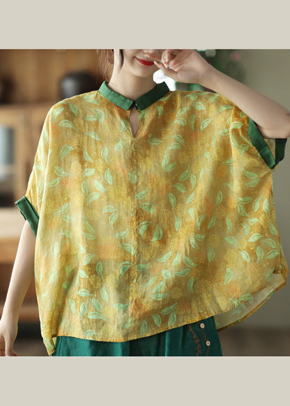 Yellow Patchwork Ramie Shirt Short Sleeve
