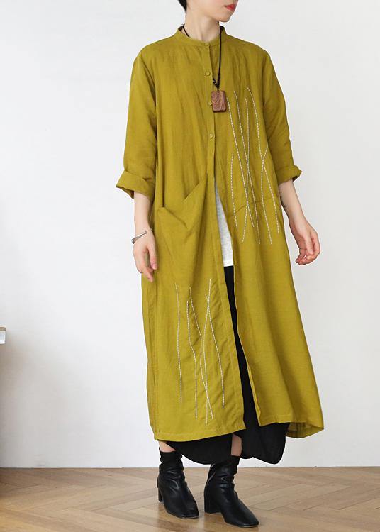Yellow Peter Pan Collar Linen Long Spring Coat