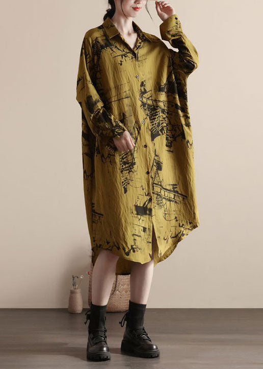 Yellow Peter Pan Collar Patchwork Linen Shirts Dresses Spring