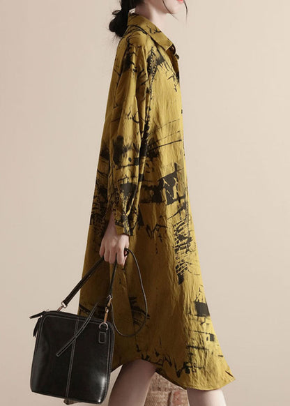 Yellow Peter Pan Collar Patchwork Linen Shirts Dresses Spring