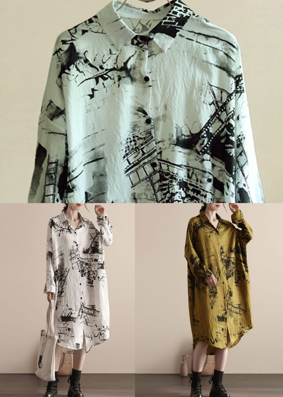 Yellow Peter Pan Collar Patchwork Linen Shirts Dresses Spring