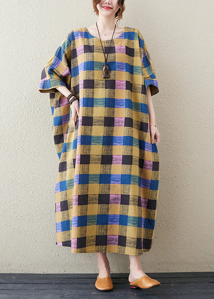 Yellow Plaid O Neck Print Cotton Long Dress Half Sleeve