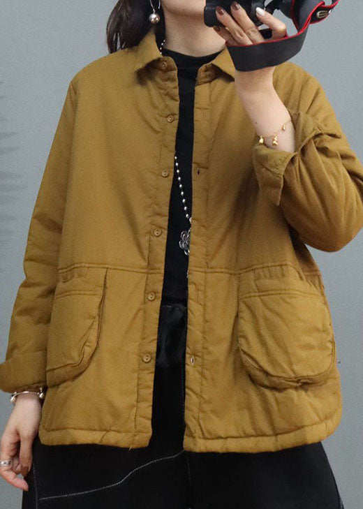 Yellow Pockets Button Fine Cotton Filled Winter Coat