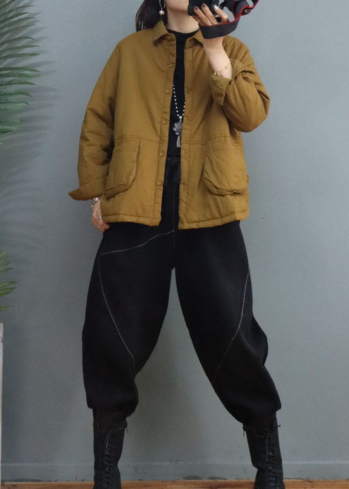 Yellow Pockets Button Fine Cotton Filled Winter Coat