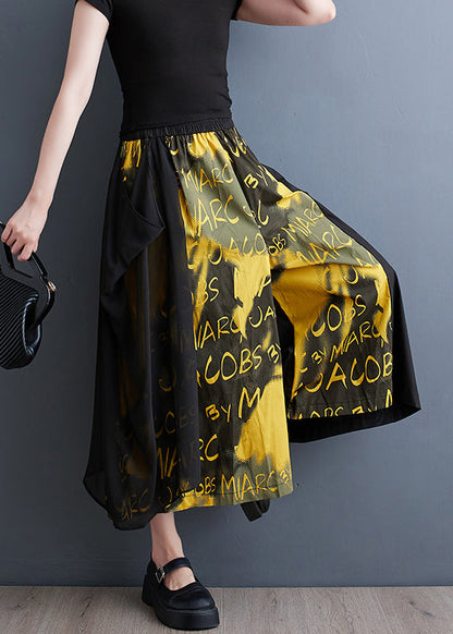 Yellow Pockets Elastic Waist Cotton Crop Wide Leg Pants Summer
