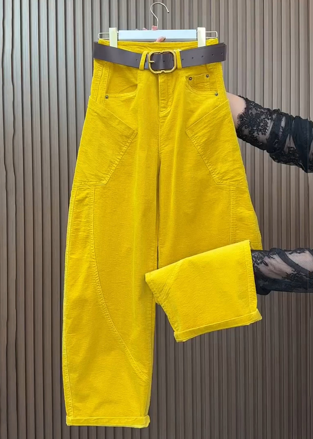 Yellow Pockets High Waist Corduroy Wide Leg Pants Spring