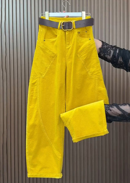 Yellow Pockets High Waist Corduroy Wide Leg Pants Spring