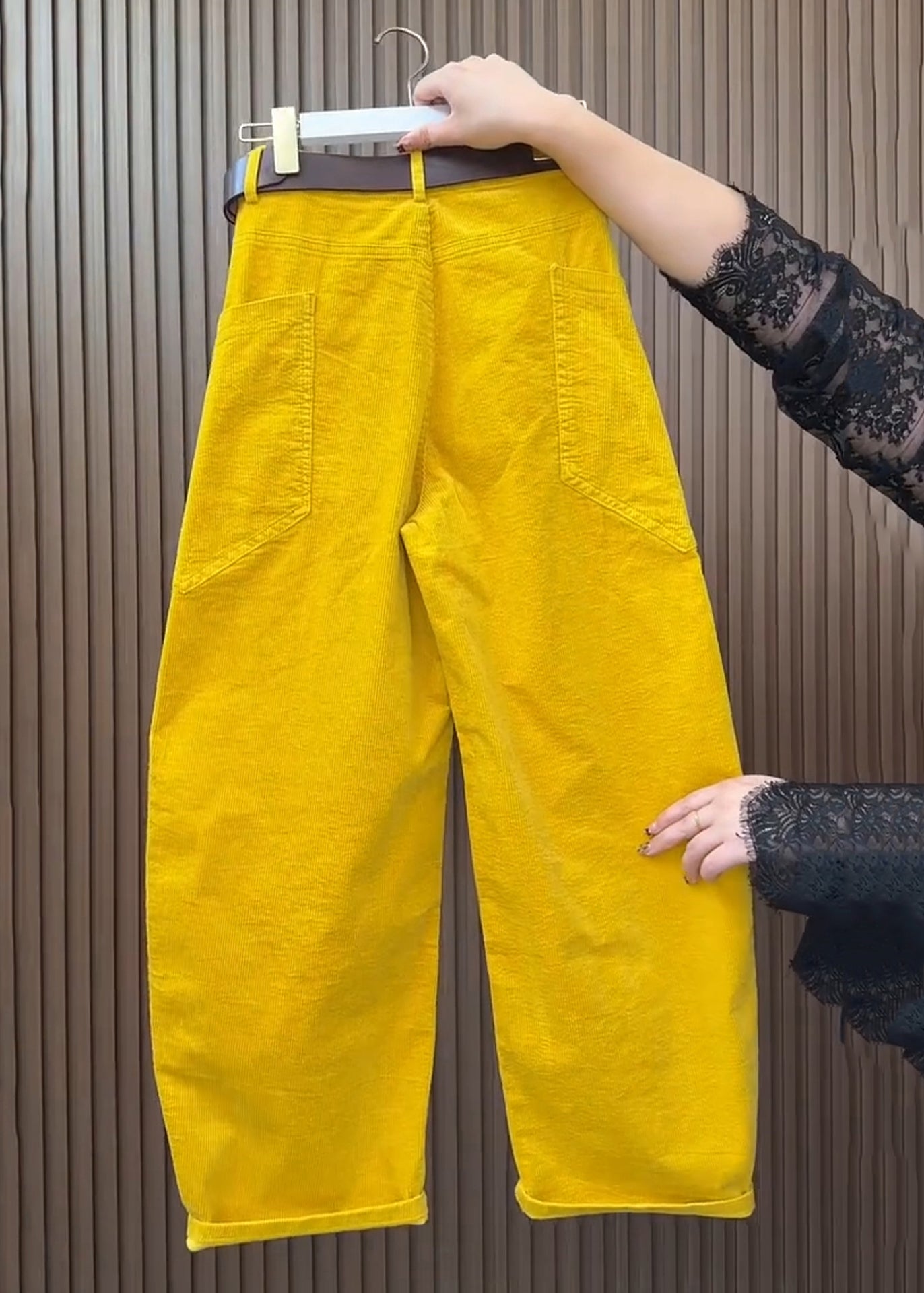 Yellow Pockets High Waist Corduroy Wide Leg Pants Spring