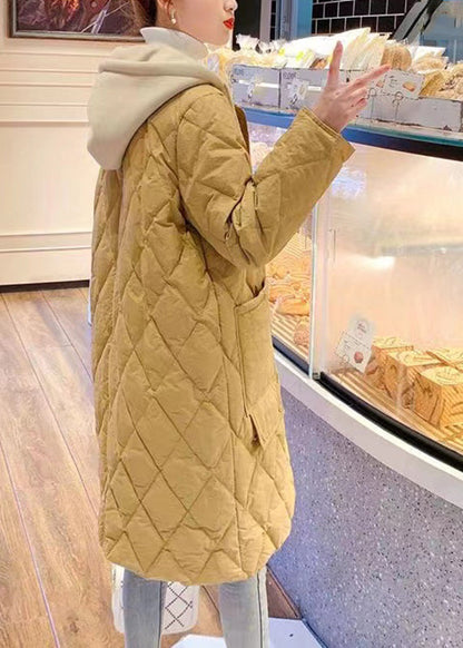 Yellow Pockets Patchwork Drawstring Button Hooded Parka Long Sleeve
